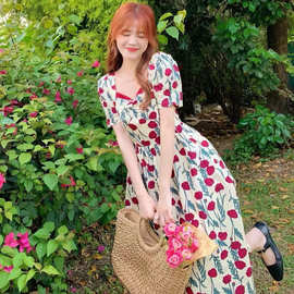 法式复古夏季玫瑰印花连衣裙女气质显瘦桔梗裙甜美洋气碎花中长裙