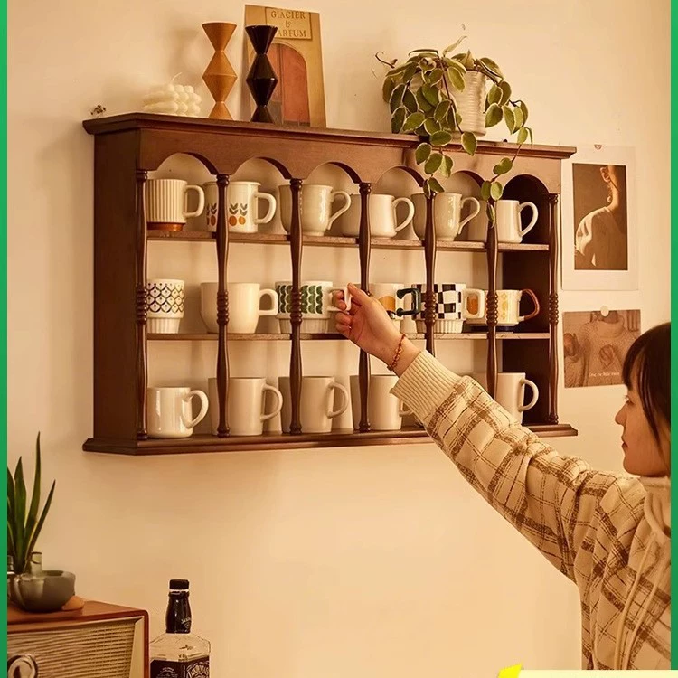 Настенная полка для хранения из массива дерева в ретро-стиле, настольная подставка для чашек, настенная подставка для кофейных и чайных чашек, ручная работа, подставка для демонстрации