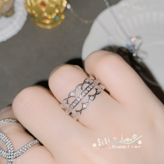 SIsi韓式滿鑽交叉開口戒指 ins潮冷淡風寬版鋯石閃鑽個性食指戒女