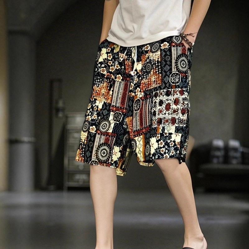 Summer Men's Printed Shorts Loose Thai Pants National Style Cotton and Linen Beach Pants Casual Surfing Drifting Mid-Pants