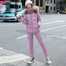 冬季新款大碼韓版修身連帽棉衣女套裝棉褲休閑羽絨棉服時尚兩件套