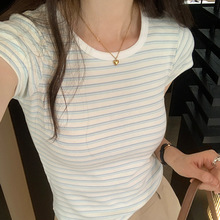 辣妹正肩條紋短袖t恤女2023夏季新款修身顯瘦短款上衣圓領體恤衫