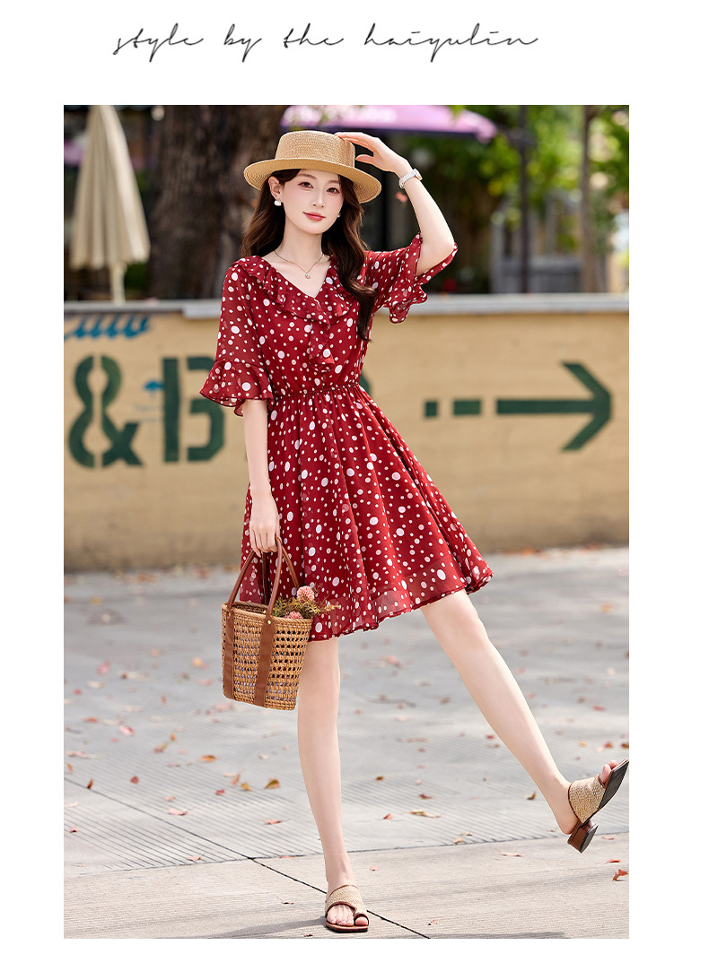 Đầm maxi nữ thắt eo cổ V in chấm bi đỏ — màu đen, màu đỏ chi tiết 17
