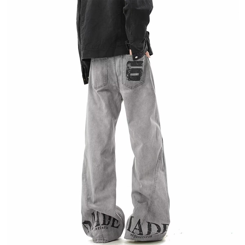 American-Style Dirty-Dye Letter-Print Jeans for Men, High-Street Casual, Cool and Edgy, Deconstructed Workwear, Washed Straight-Leg Vibe Pants American-Style Dirty-Dye Letter-Print Jeans for Men, High-Street Casual, Cool and Edgy, Deconstructed Workwear, Washed Straight-Leg Vibe Pants