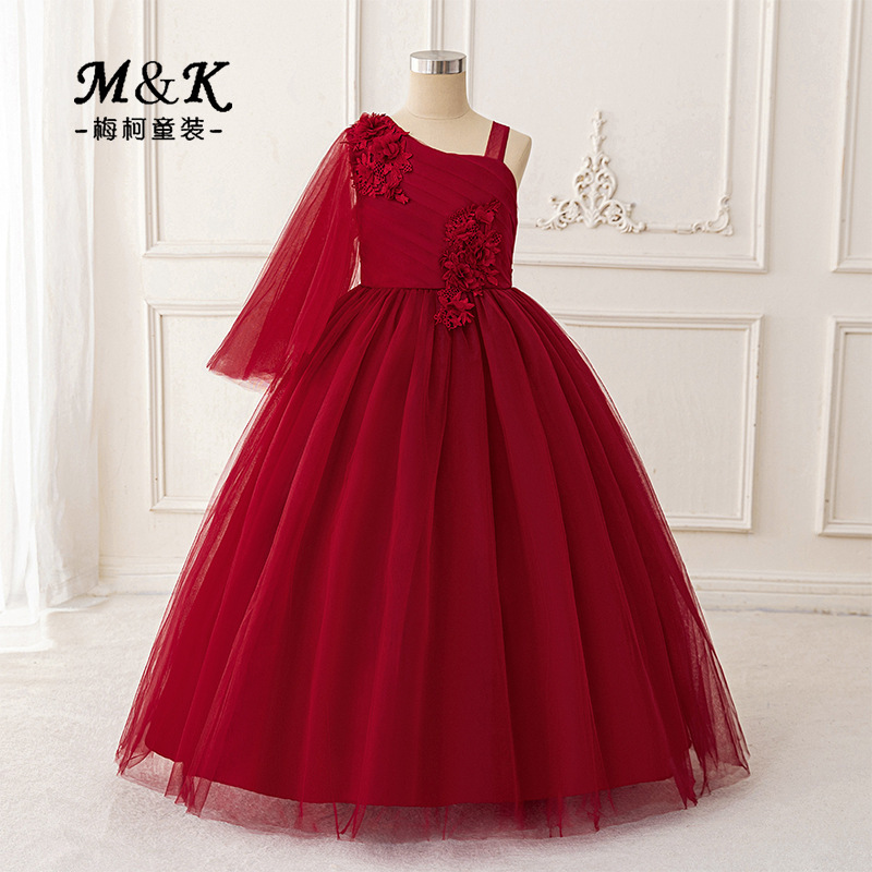 Nuevo vestido transfronterizo para niñas, traje de piano, falda plisada de malla, vestido de princesa sin tirantes, vestido largo al por mayor