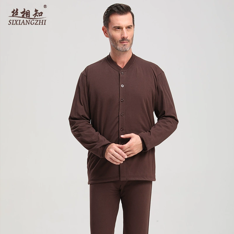 Для людей среднего и пожилого возраста с наполнителем из шелка тутового дерева, теплый костюм с длинным рукавом, Коричневый мужской воротник-стойка, теплое базовое пальто с хлопковой подкладкой