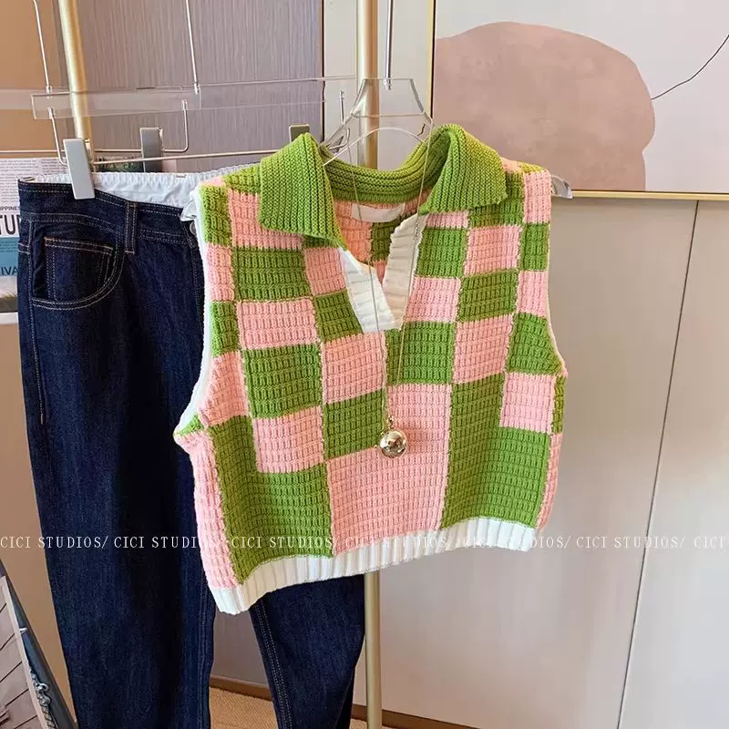 棋盘格针织马甲女春秋v领叠穿无袖坎肩宽松学生毛衣背心马夹外穿