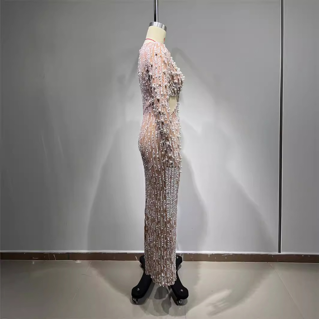 Abbigliamento da donna stile hot paillettes perline sexy trasparente scollo a V vestito cavo celebrità festa cena vestito_voghion.com