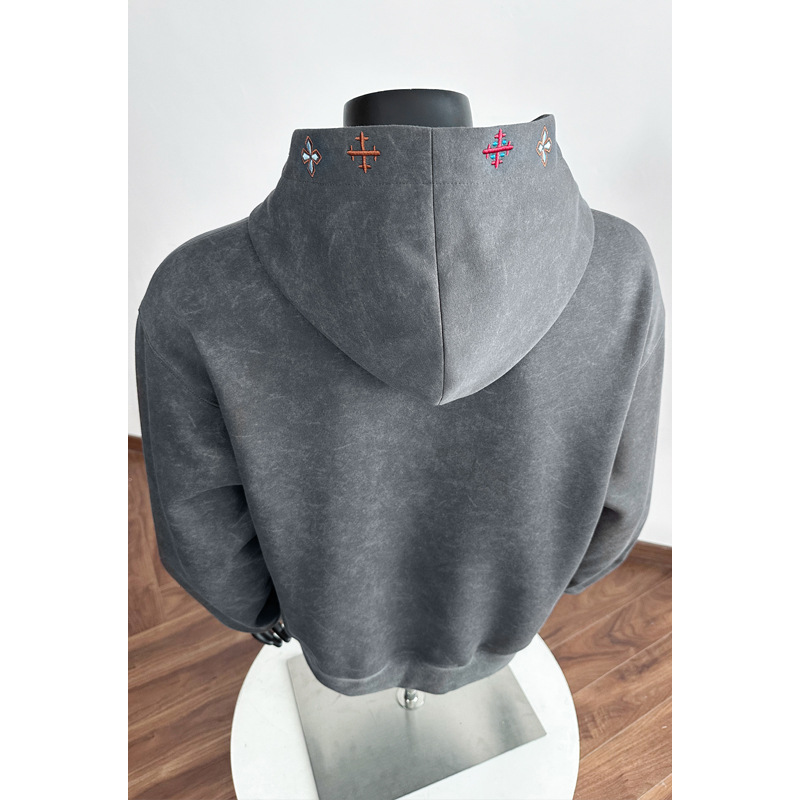 American High Street Design Embroidered Hooded Pullover Sweatshirt For Men, Spring Trendy Brand Cleanfit Sand-washed_voghion.com