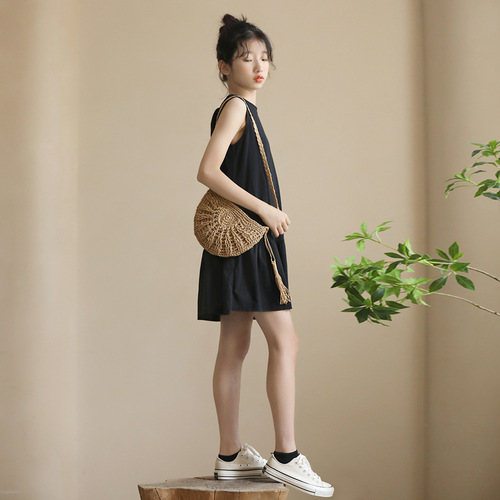 Ladies and Girls' Summer 2024 New Japanese Style Loose Short Sleeve Black Knit Children's Dress Cool Cross-border