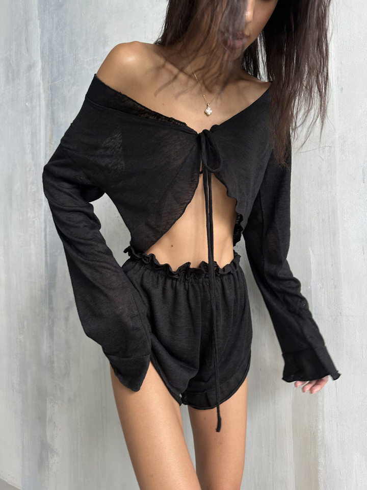 Bộ đồ ngủ nữ áo cardigan thắt dây kèm quần short dệt kim mặc nhà thoải mái — Màu trắng, Màu đen chi tiết 42