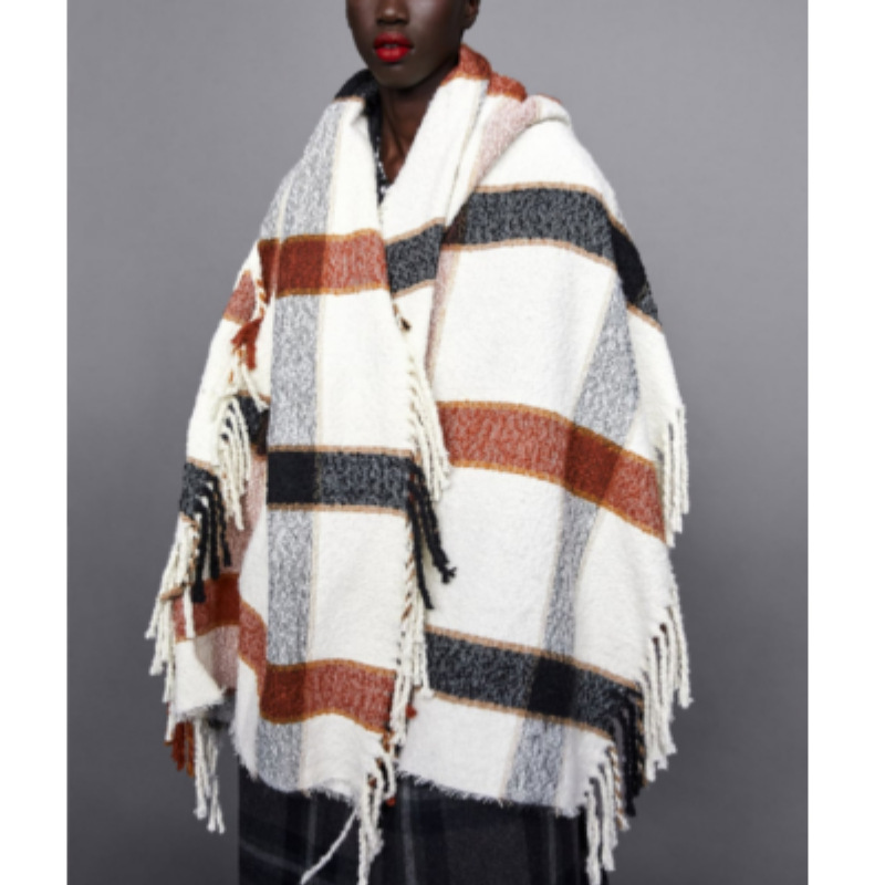 Unisex Thick beige warm scarf for women large plaid long tassel shawl_voghion.com