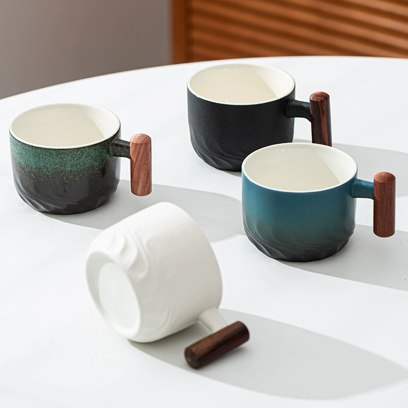 Деревянная ручка кофейная чашка дегустация чайная чашка градиентная глазурь изысканная керамическая маленькая чашка подарочная коробка набор оптом