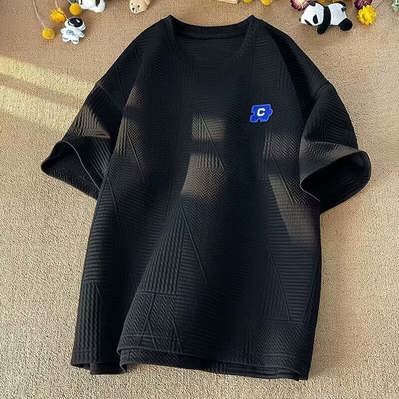 Men's Clothing high street textured short sleeved t shirt men's trendy design niche summer men's t shirt plus size clothes_voghion.com