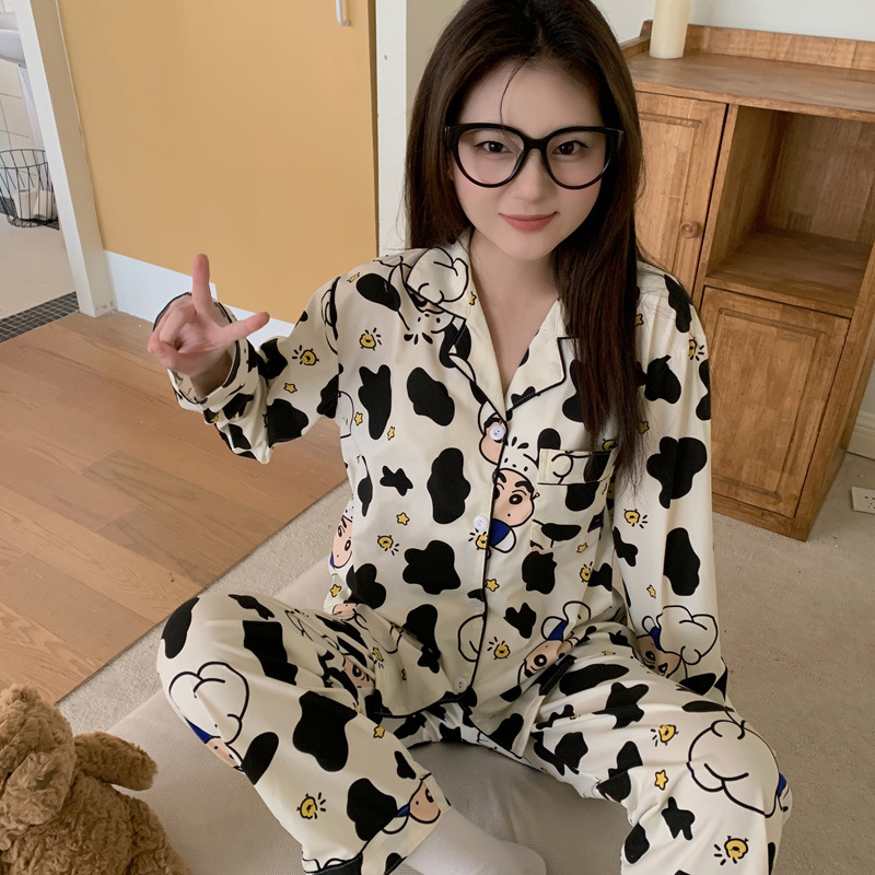 El comercio exterior de primavera y otoño pijamas algodón para las mujeres ins lindo dibujos animados solapa cardigan suelta delgada vestir prendas exteriores homewear