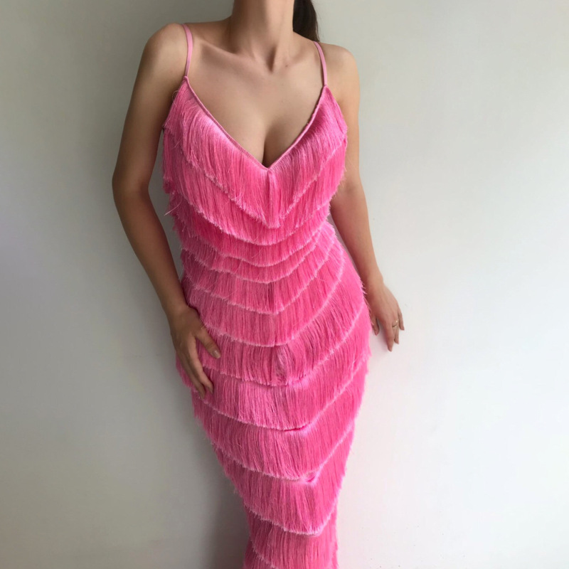 Amazon European and American new popular party dress deep V backless sexy cake skirt tassel strap dress