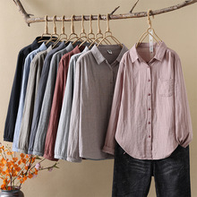 日单双层棉纱竖条纹衬衫女长袖衬衣复古文艺柔软亲肤纯棉上衣