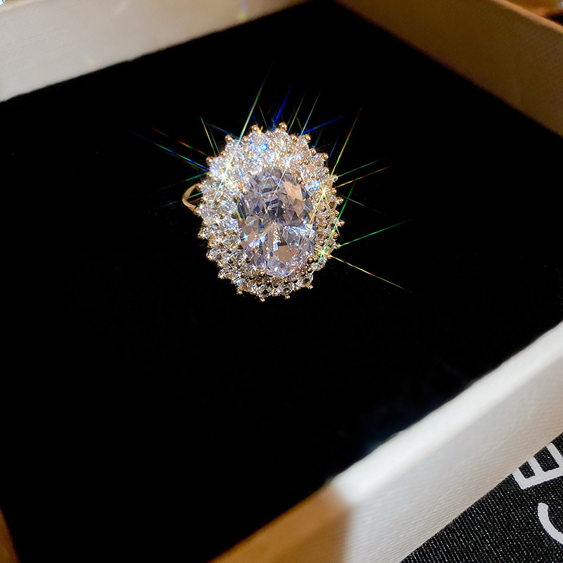 Real oro galvanizado ZIRCON oval anillo abierto vintage corte estilo luz anillo de lujo alto sentido moda Accesorios al por mayor