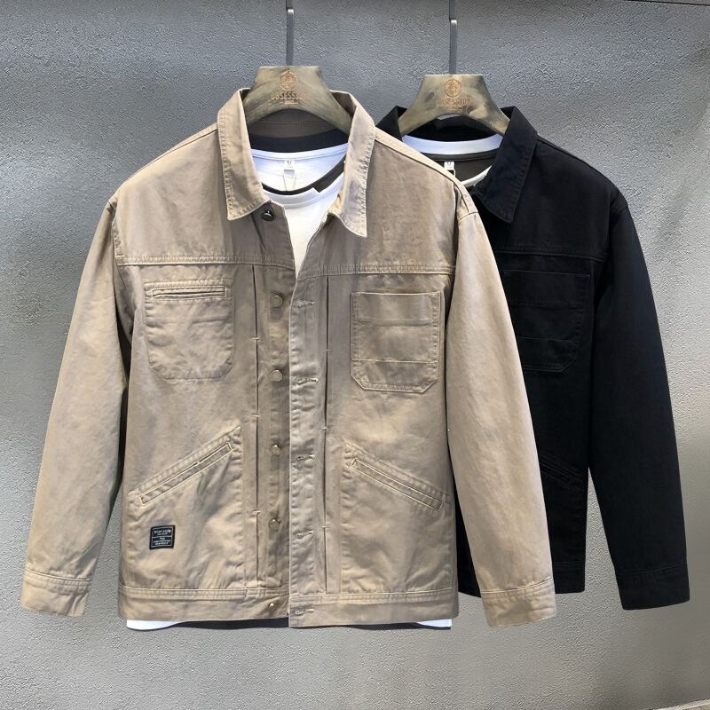 Heavy-duty heavy-washed khaki color trendy brand workwear jacket for men, loose-fitting trendy autumn jacket for men Heavy-duty heavy-washed khaki color trendy brand workwear jacket for men, loose-fitting trendy autumn jacket for men