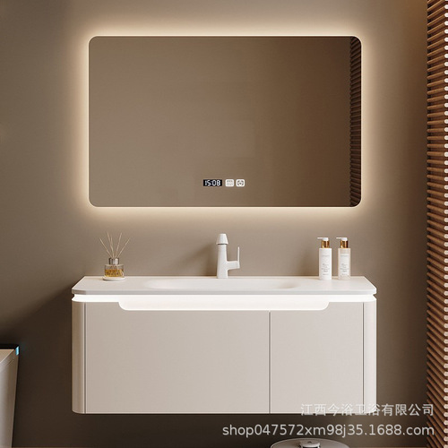 Creamy style Corian integrated bathroom cabinet set, hairdryer stand mirror cabinet, bathroom washbasin sink and toiletries vanity