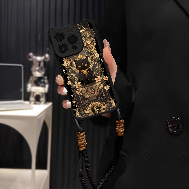 Black Cat Phone Case For Iphone 15 Pro Max With Lanyard_voghion.com