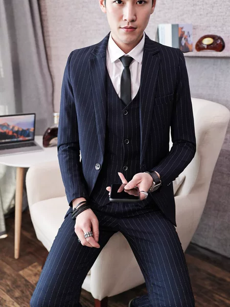 Striped Suit Three-Piece Suit Men's Slim Trendy Groom Wedding Dress British Style Suit Men's Business Formal Wear