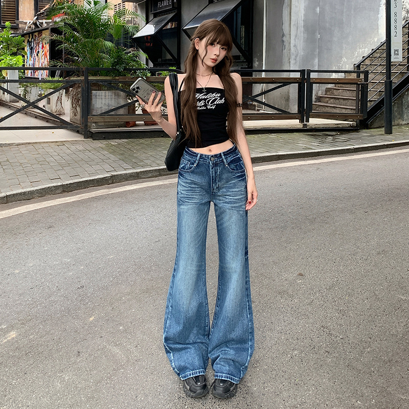 166 # High-Gloss Blue American Retro Low-Waist Slightly Flared Loose Straight-Leg Jeans for Women, Slimming Floor-Length Wide-Leg Pants