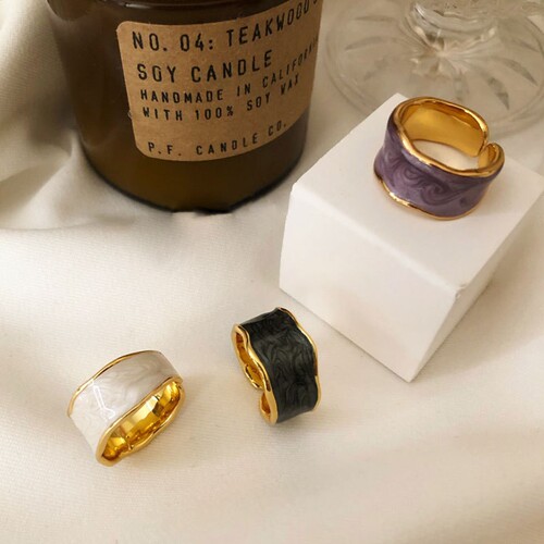 Gentle Cream Color ~ French Vintage Drip Gold Edge Bread Shape Handmade Enamel Ring for Women - INS  New Arrival