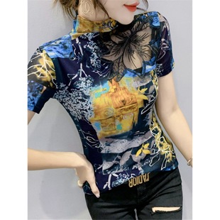Mesh Hollow Short-sleeved T-shirt Women's Spring and Autumn New Base Shirt Fashionable Printed Top Sexy Half-high Collar Trendy Shirt