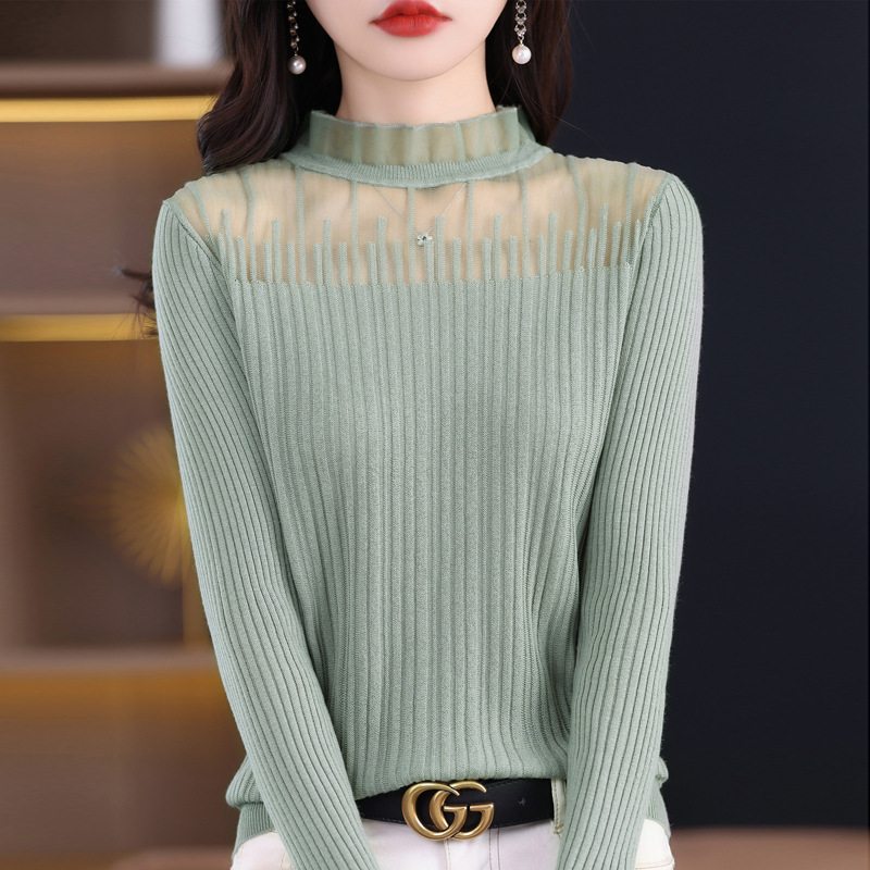Spring and Autumn Thin Sexy Lace Long-Sleeved Wool Knitwear for Women, Half-High Collar, Elegant Inner Wear Top, Base Layer Sweater
