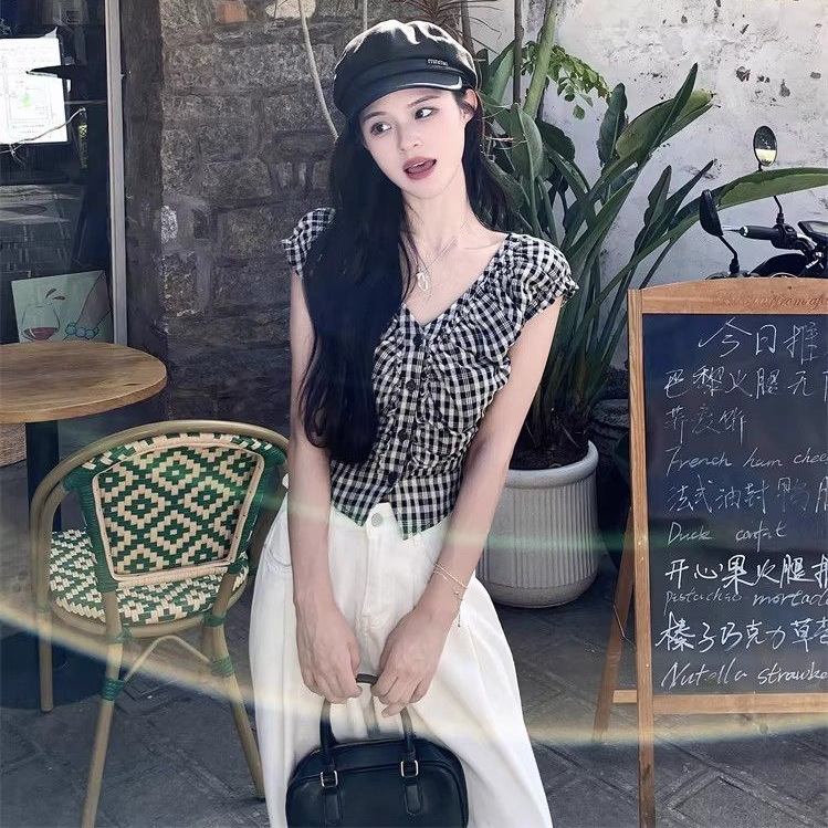 Áo sơ mi nữ không tay cổ V họa tiết kẻ caro đen trắng — Lưới đen trắng chi tiết 2