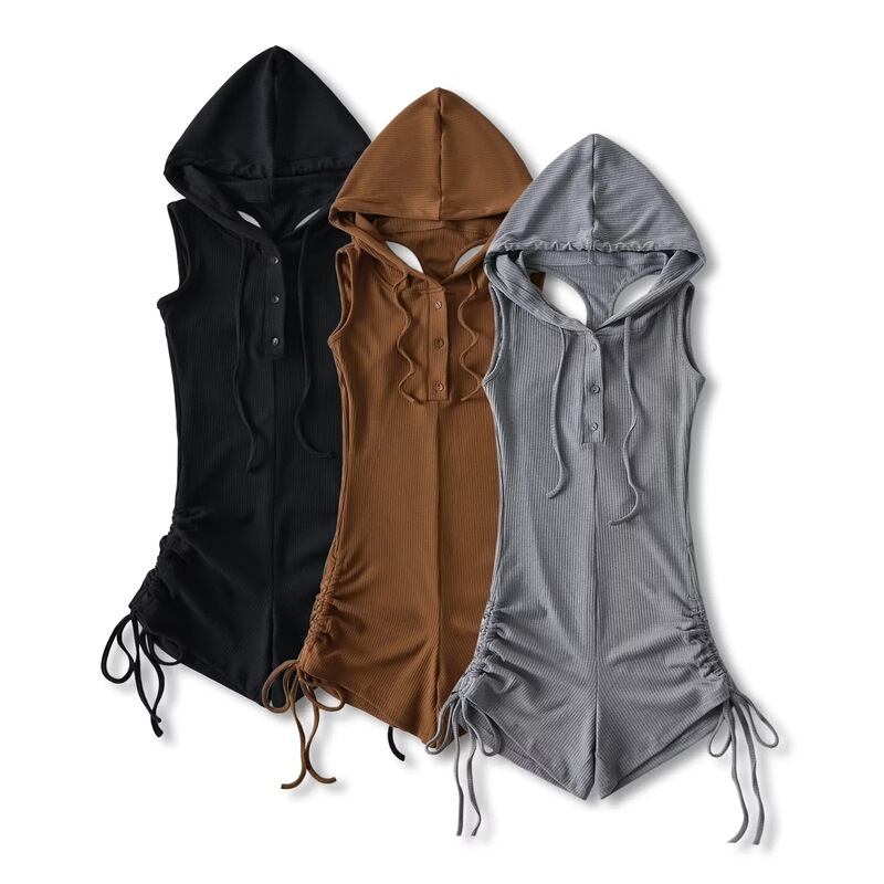 American Style Hot Girls Sexy Backless Hooded Drawstring Jumpsuit Design Sense Deep V-Neck Hollow Stretch Hip Shorts for Women