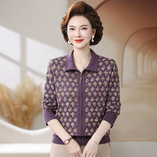 洋气妈妈装秋冬毛衣外套中老年女装翻领拉链针织开衫大码奶奶上衣