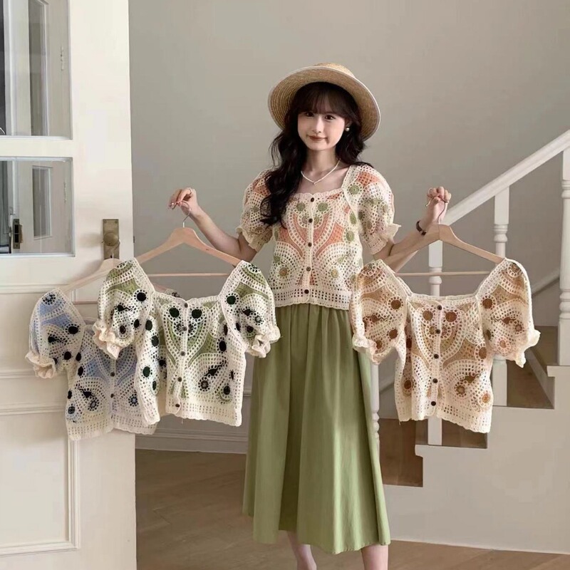 Vintage Crochet Short-sleeved Knitted Shirt Women's Summer Design Sense Niche Western Style Unique Chic Shirt Short Top