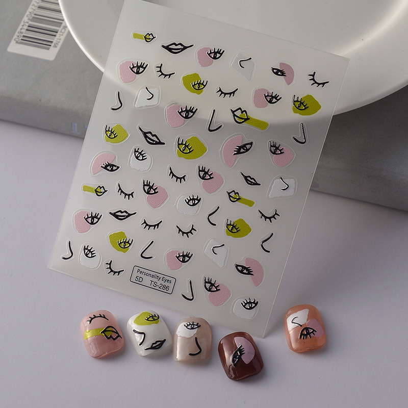 New Artistic Style Eye Eyelash 5d Nail Sticker Waterproof Back Glue Color Block Stitching Nail Art Relief Sticker Factory