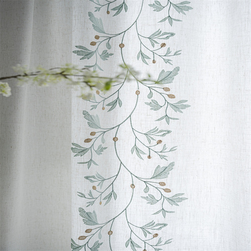 Le Xu Show Finished Curtain Wholesale, Cross-border Exclusive, Amazon/Instagram Style, Green Embroidered Floral Tassels, Semi-Sheer