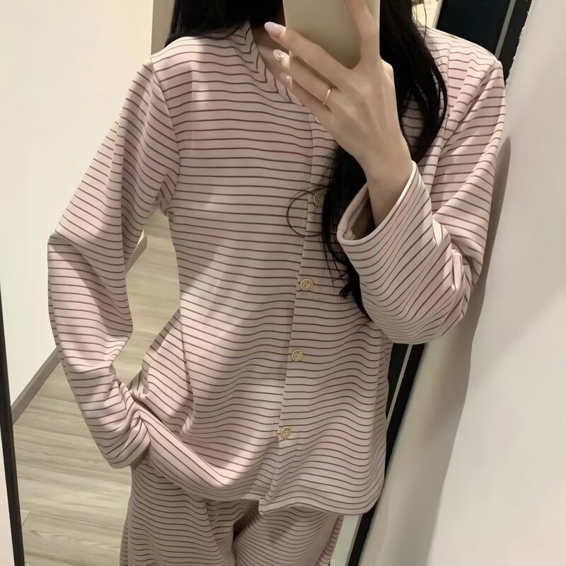 Self-Made｜Autumn and Winter Thin Velvet Korean-Style Striped Pajamas for Girls~Lazy, Loose, Warm German Velvet Loungewear That Can Be Worn Outside