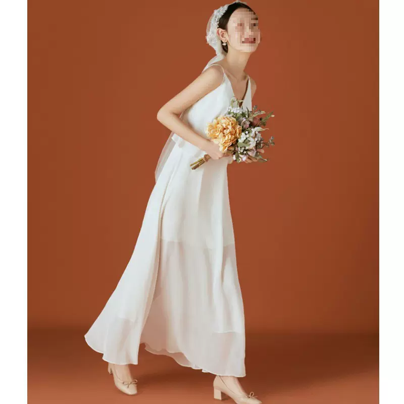 吊带轻婚纱旅拍超仙简约白色显瘦韩式海边写真领证登记小礼服夏季