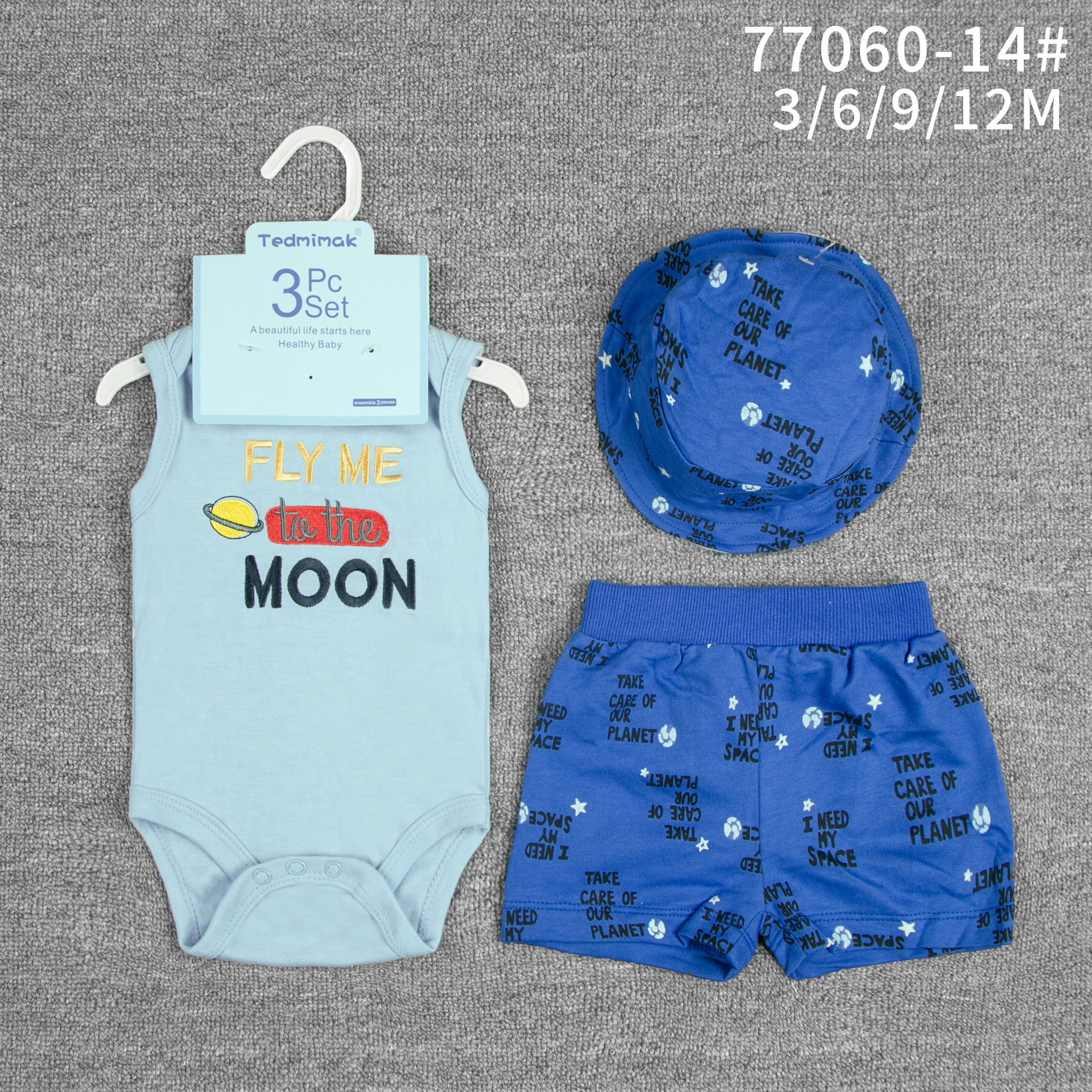 Comercio exterior chaleco de bebé de verano para hombres y mujeres con tres piezas con sombrero, ropa de trepa, ropa de bebé de verano delgada