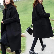 秋冬季韩版新款女士中长款毛呢外套女黑色呢子大衣亚马逊外贸女装