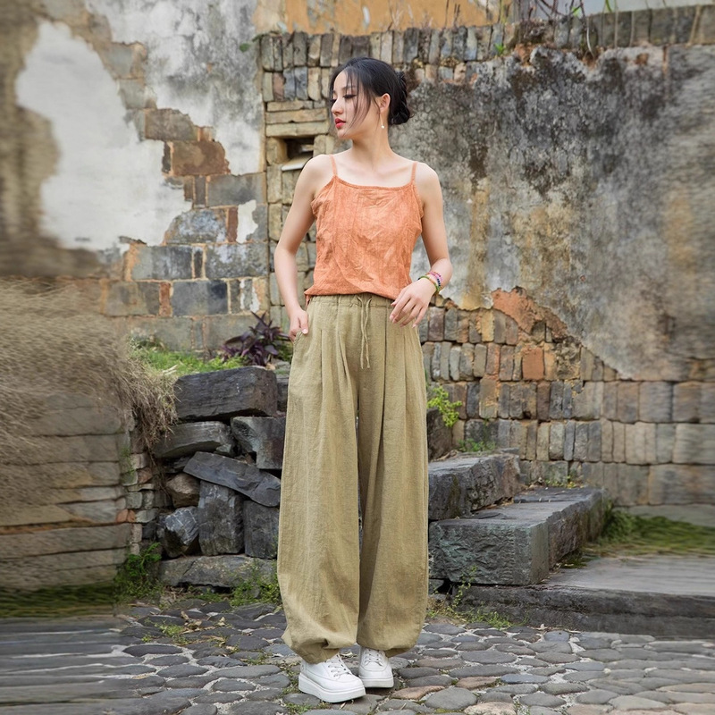 Casual Pants, Loose and Versatile, Cuffed Pants, Relaxed Cotton Pants, Women's Summer Slimming Cotton-Linen Long Pants, Vintage Harem Pants