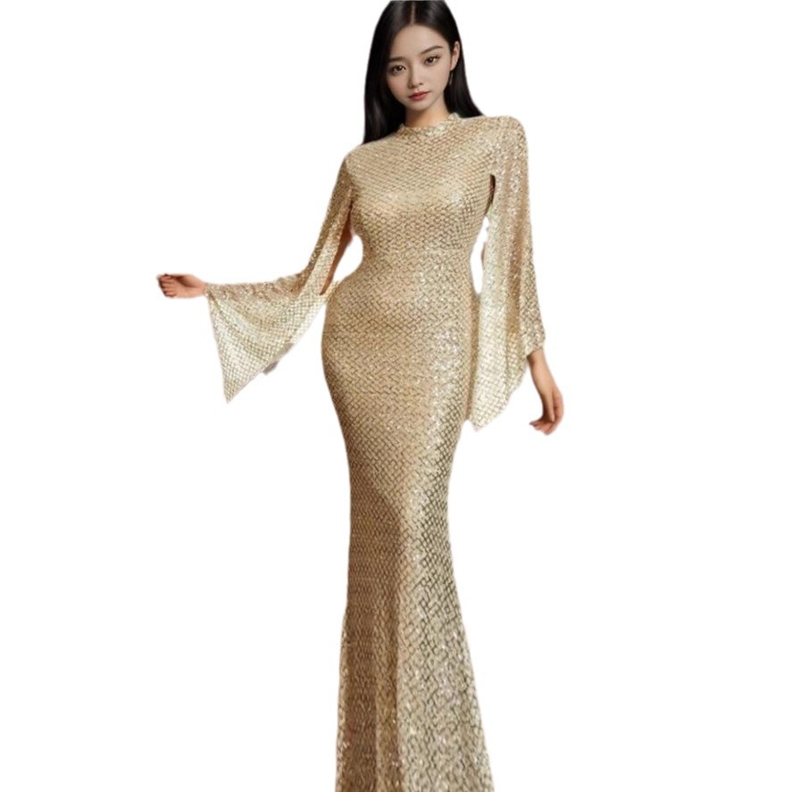 Nuevo vestido de noche de fiesta anual de lentejuelas doradas de un solo hombro con temperamento de otoño europeo y americano transfronterizo vestido de noche de banquete