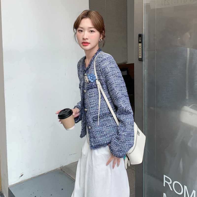 蓝色法式名媛气质小香风短外套女2025秋季小个子减龄休闲圆领上衣|undefined