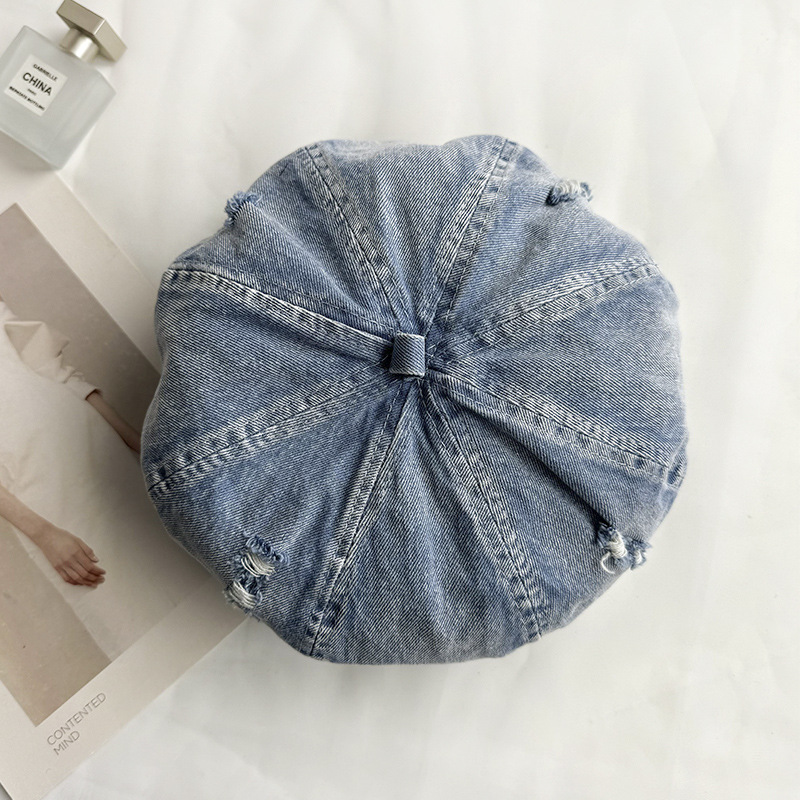 Retro coreano hace viejos agujeros vaqueros boina de mujer cabeza grande cara pequeña gorra gorra pintora gorra universal