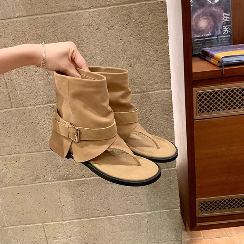 Grape Mom verano nuevo estilo de moda chica caliente hebilla de punta redonda para llevar sandalias de cuña de tubo medio verano femenino