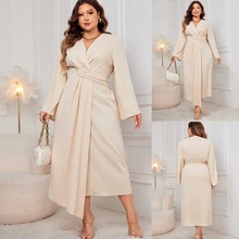 Plus size V-neck women Long sleeve Stylish dressBȹXL-5XL