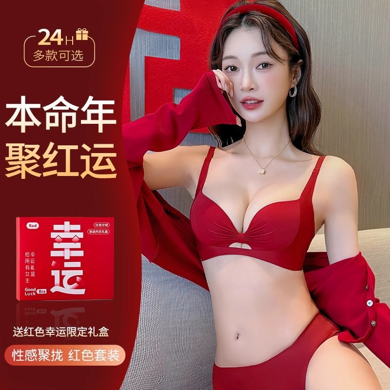 Red Benmingnian Underwear suit Women's 2025 Year of the Snake Gift Box Set Wedding Bride's Small Chest Push-up Bra