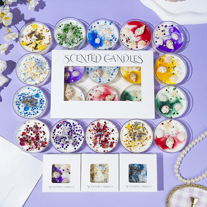 Conchas de cera de banana concha de color cera de soja cera de flores secas 6 tazas de vela caja de regalo