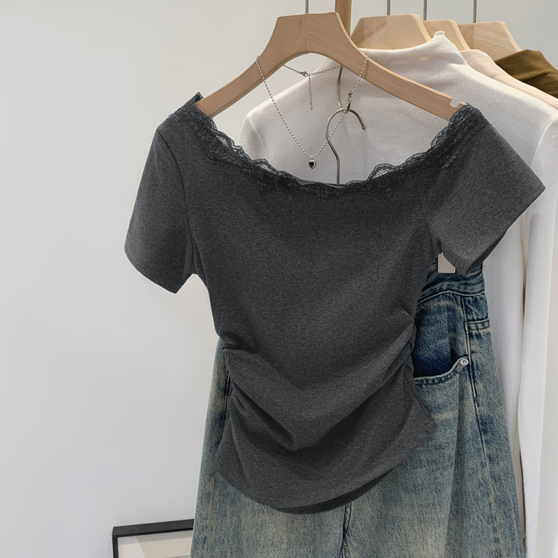 Brand Discount Popular Lace Splicing One-Shoulder Slanted Shoulder Short-Sleeved T-Shirt for Women 2025 Summer New Waist Top