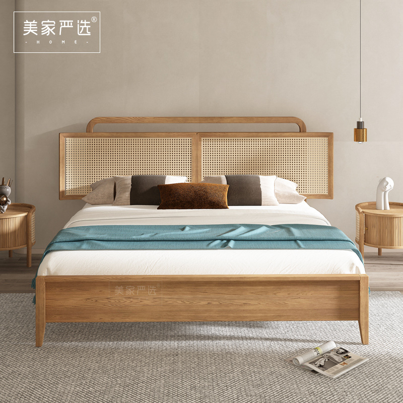 Quiet Style Solid Wooden Bed Log Modern Simple Rattan Double Bed 1.8 m Homestay Room Nordic Bedroom Furniture